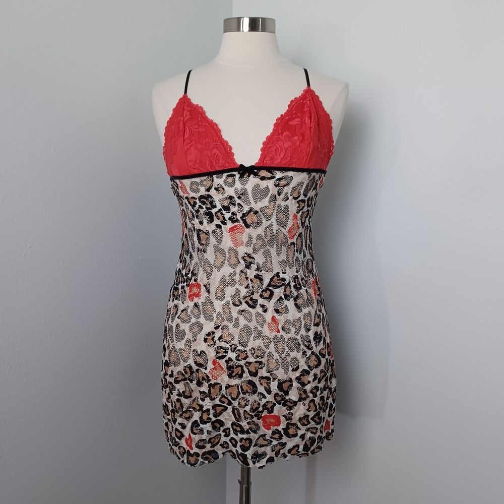 Victoria's Secret Very Sexy Y2K Red Lace Leopard Print Babydoll Chemise Small